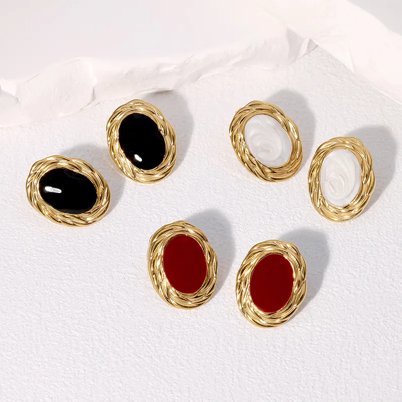 Vintage Oval Stud Earrings 18K Gold Plated Stainless Steel Enamel Twisted French Style Elegant Jewelry For Women