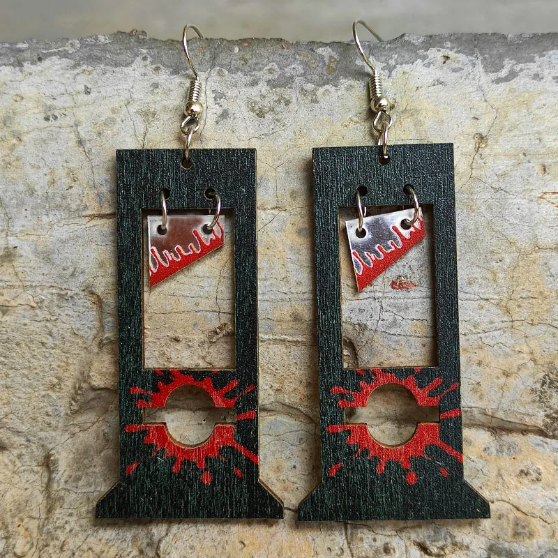 Boucles D Oreilles Halloween Guillotine En Bois Effet Sanglant Gothique Horreur Bijoux De Fête Pour Femmes