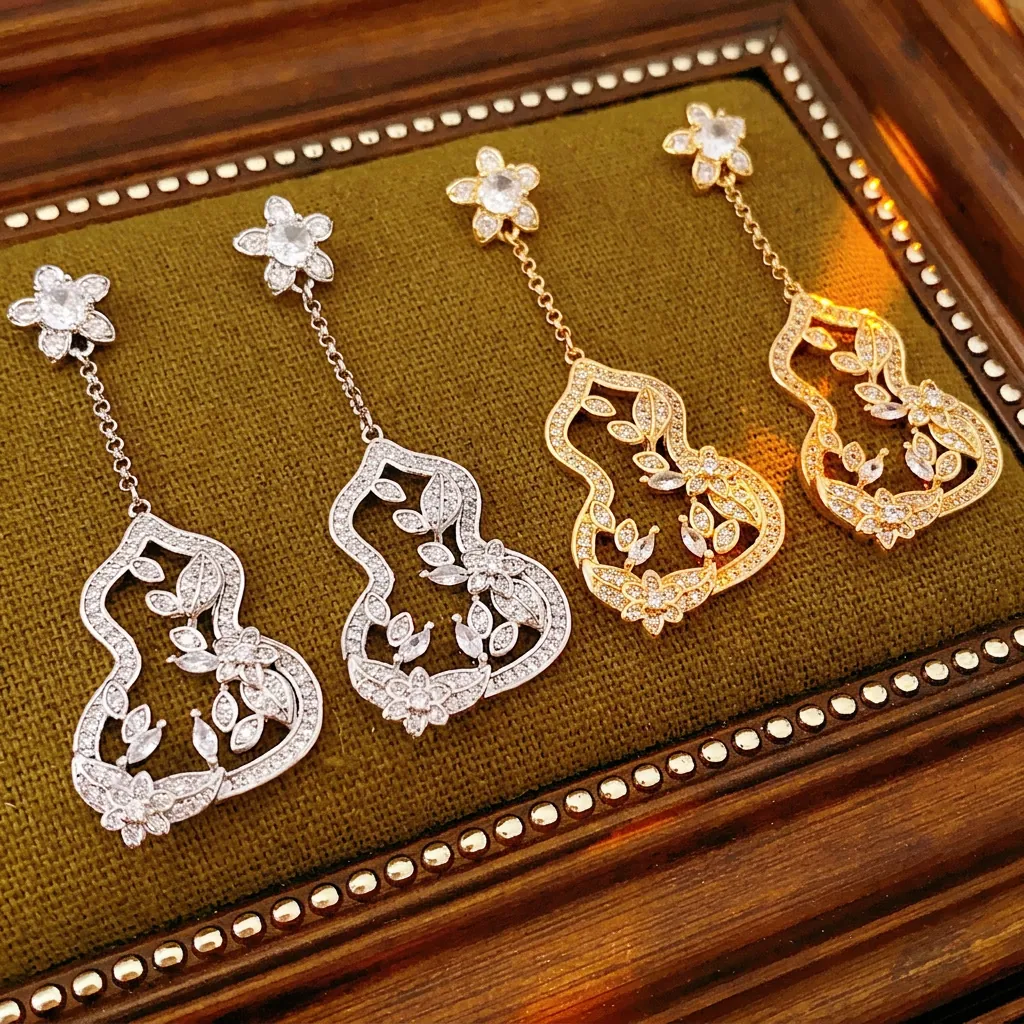 Boucles D Oreilles Pendantes Fleur Gourde Cuivre Zircon Incrusté Avec Tige En Argent Sterling 925 Bijoux De Luxe Pour Femmes