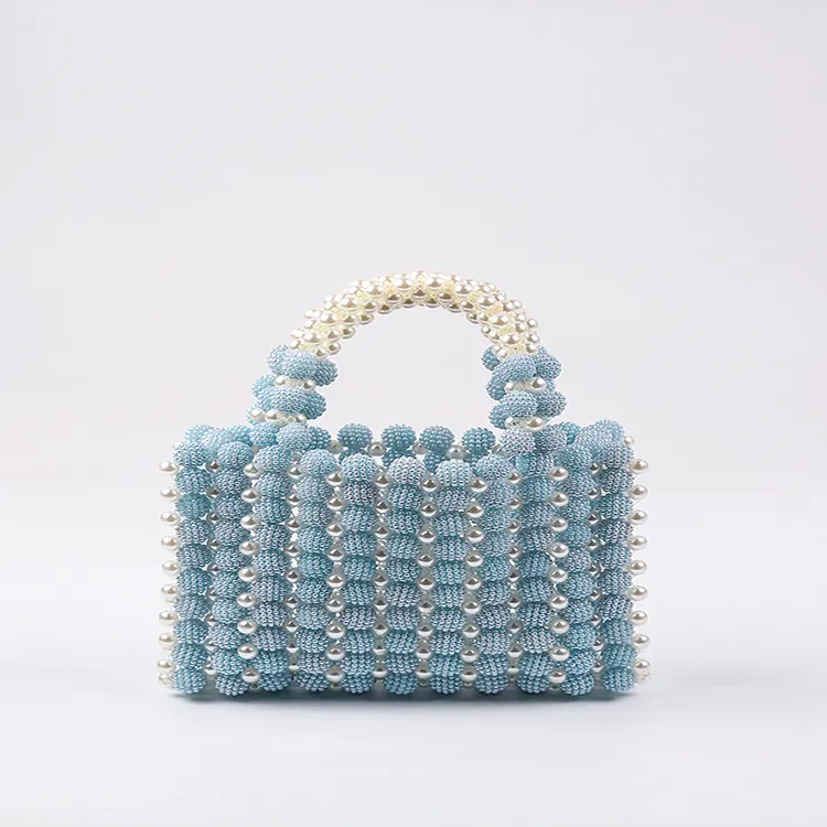 Handmade Beaded Handbag For Women Vintage Acrylic Imitation Pearl Top Handle Bag Hollow Out Woven Party Purse Evening Clutch