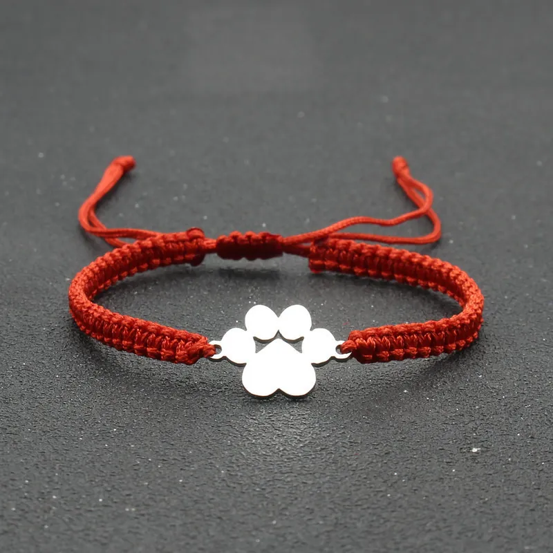 Handmade Woven Bracelet Stainless Steel Paw Print Charm Adjustable Lucky Rope Minimalist Animal Footprint Jewelry For Unisex