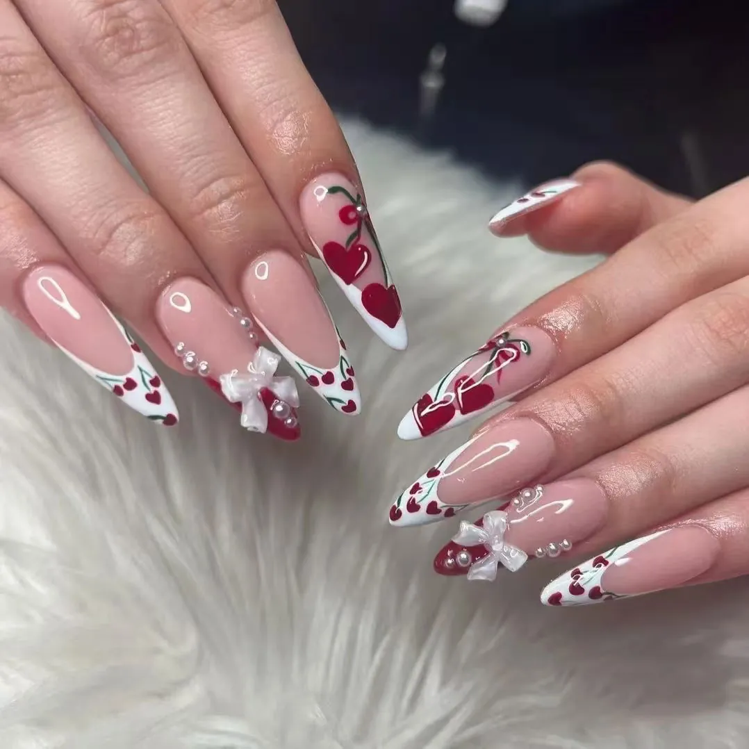 French Press On Nails Almond Long Cherry Heart Design 3D White Bow Artificial Pearl Decor Sweet Artificial Fingernails For Women