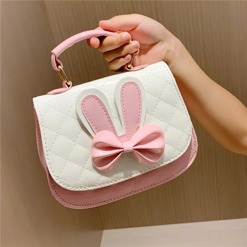 Kids Crossbody Shoulder Bag Cute Rabbit Ears Bow Quilted PU Leather Princess Handbag For Little Girls Toddlers Sweet