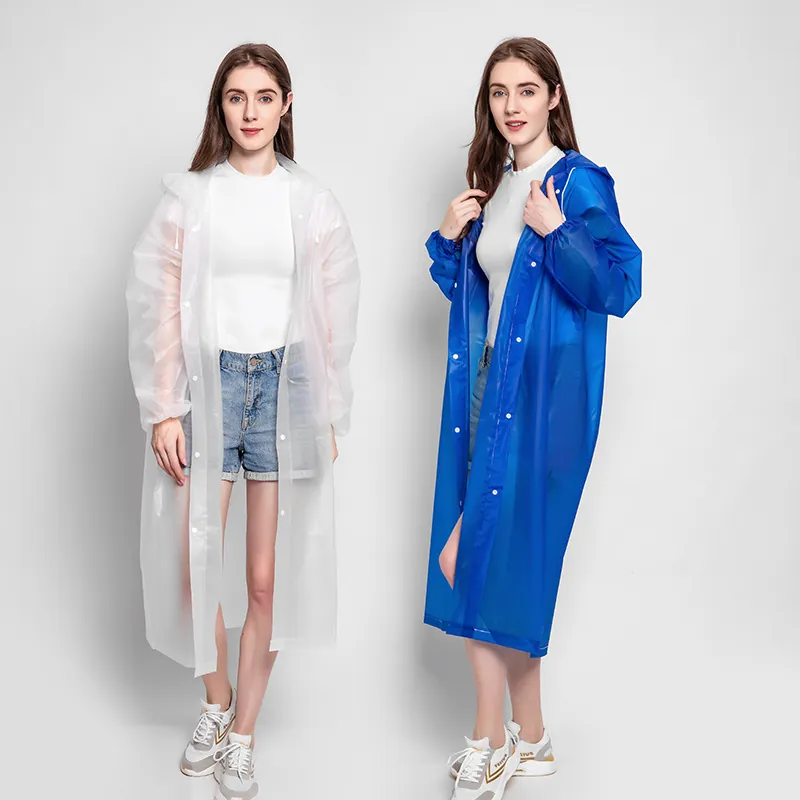 Adult Reusable Raincoat EVA Thickened Waterproof Hooded Poncho With Buttons Portable Translucent Rainwear For Hiking Travel
