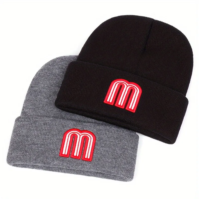 Knitted Beanie Hat With Letter M Embroidery Ribbed Cuff Skull Cap Casual Winter Fashion For Unisex Adults