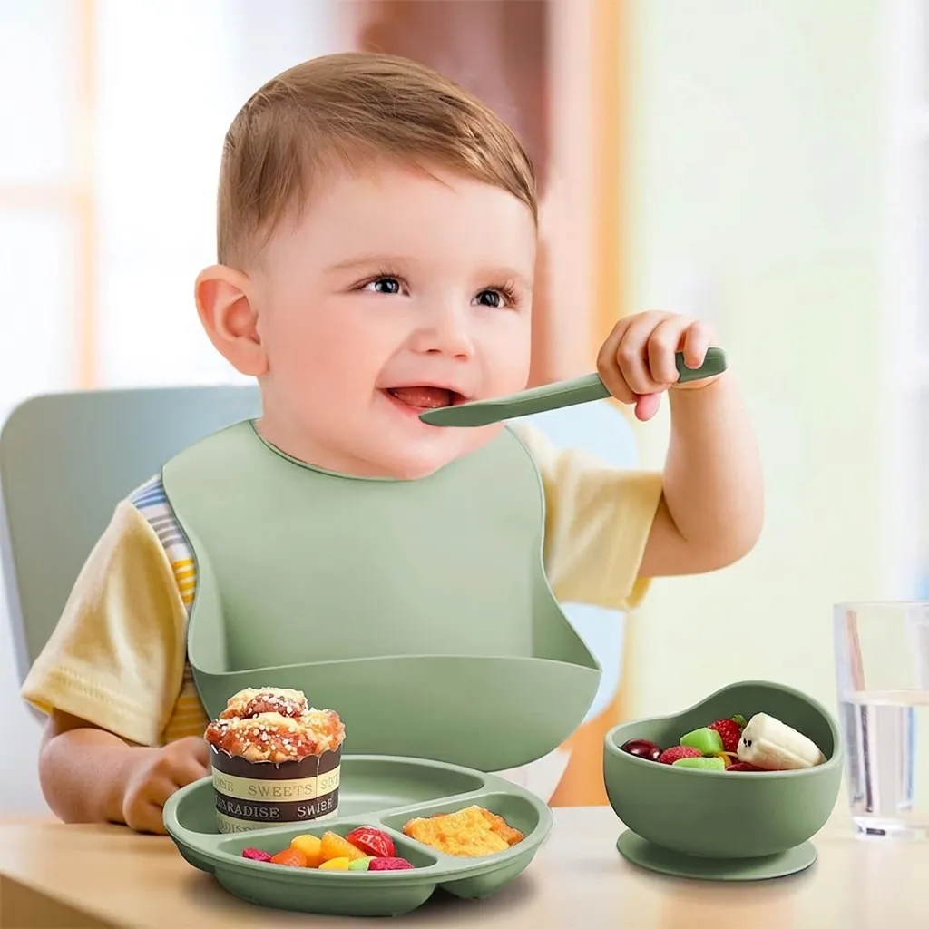 Silicone Baby Feeding Tableware Suction Plate Bowl Adjustable Bib Training Straw Cup Spoon Fork BPA Free Toddler