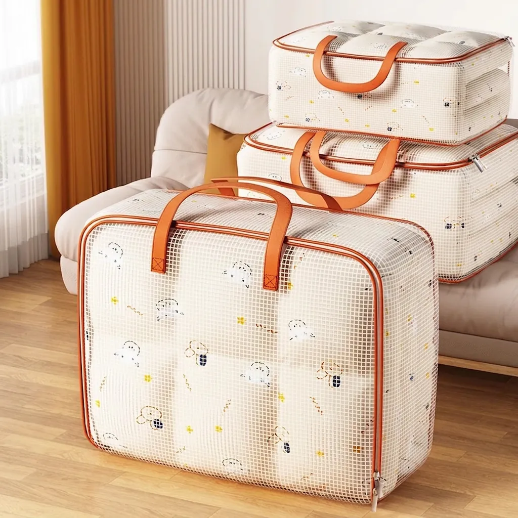 Large Capacity Quilt Storage Bag Waterproof PVC Mesh Moisture Proof Clothing Organizer Foldable Home Moving Packing Pouches Reinforced Handles