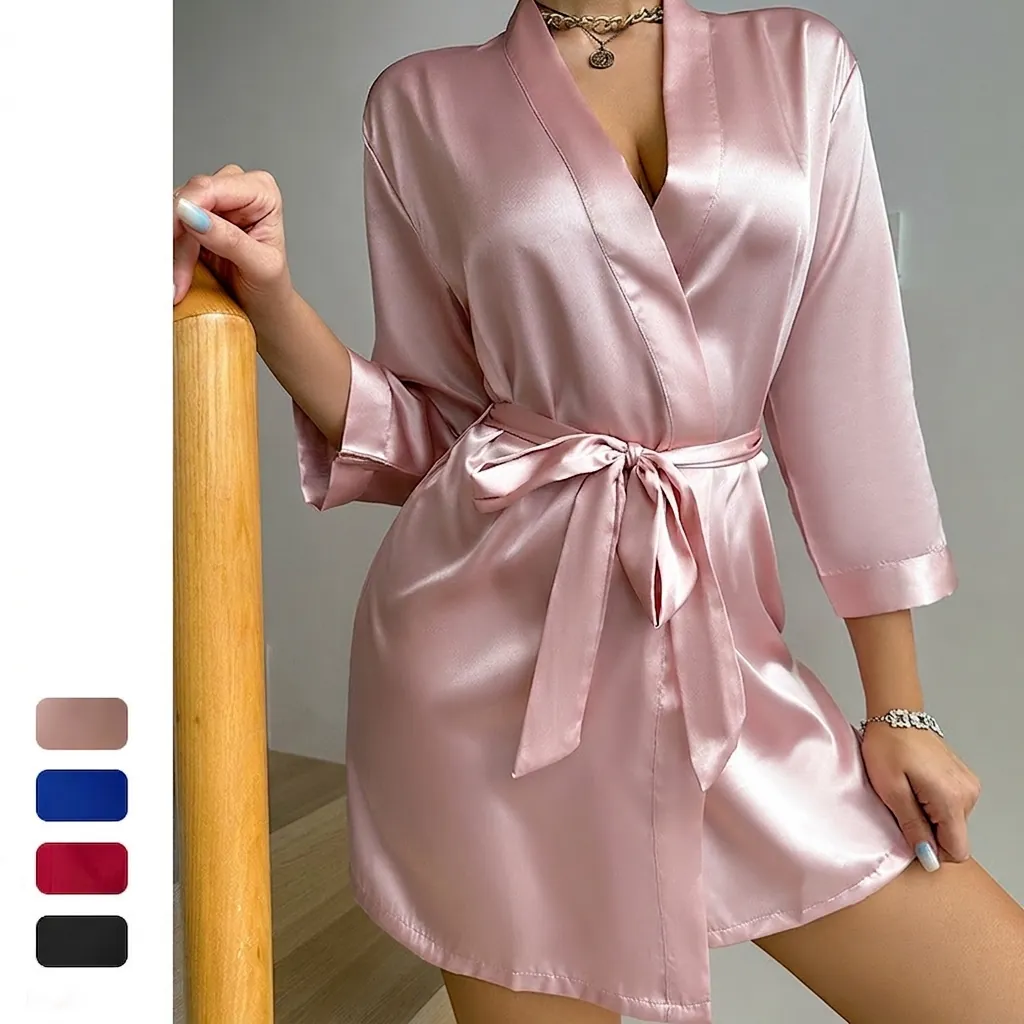 Women's Satin Robe Satin-like V-Neck Solid Color Sexy Nightwear Loungewear Home Bathrobe With Tie Belt
