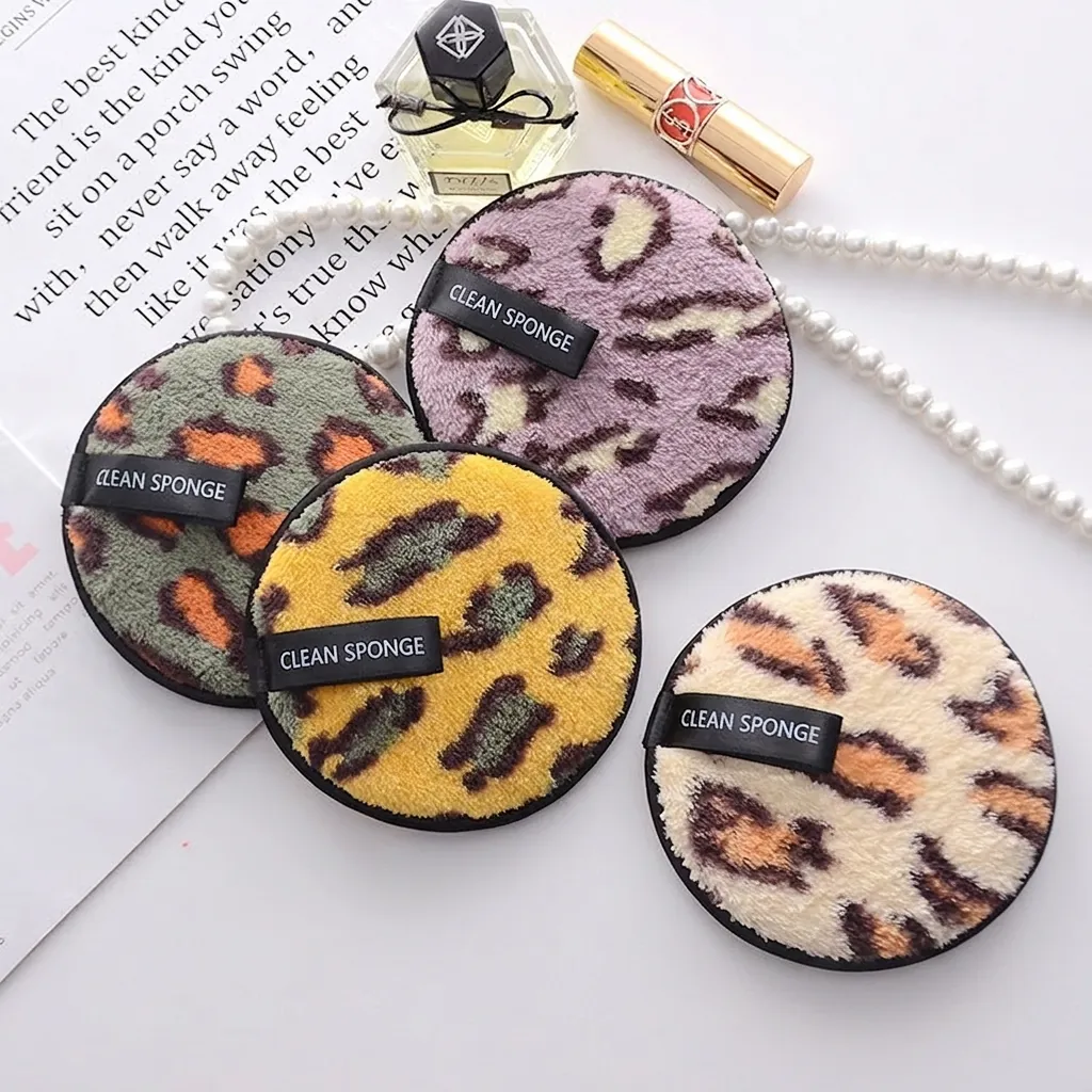 Round Leopard Print Microfiber Makeup Remover Pad Reusable Double Sided Facial Cleansing Sponge With Hanging Strap