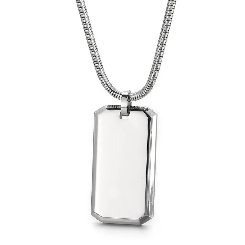Stainless Steel Dog Tag Pendant Necklace Minimalist Mirror Polished Smooth Square Charm Snake Bone Chain For Men