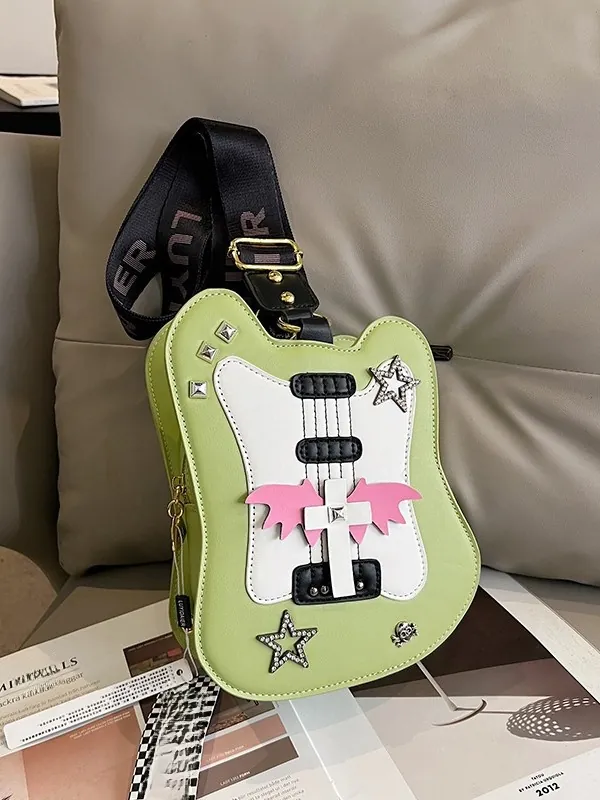 Guitar Shaped Women Crossbody Bag PU Leather Punk Gothic Style Star Wing Decor Creative Wide Strap Shoulder Bag