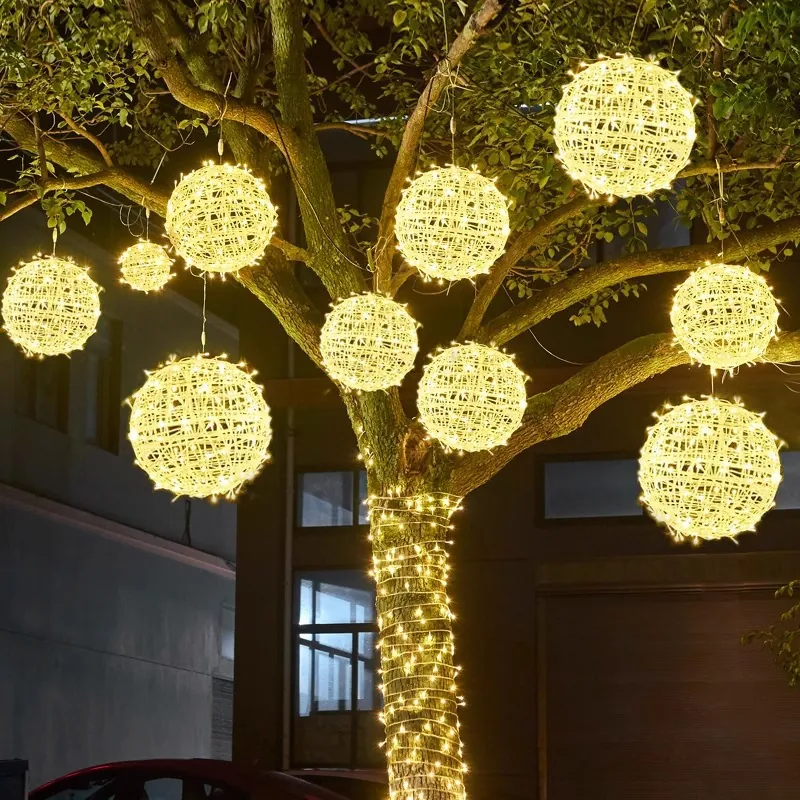 Catena Luminosa LED In Rattan Da Esterno Impermeabile Sfera Intrecciata Lampade Sospese Solare Telecomando Decorazione Giardino