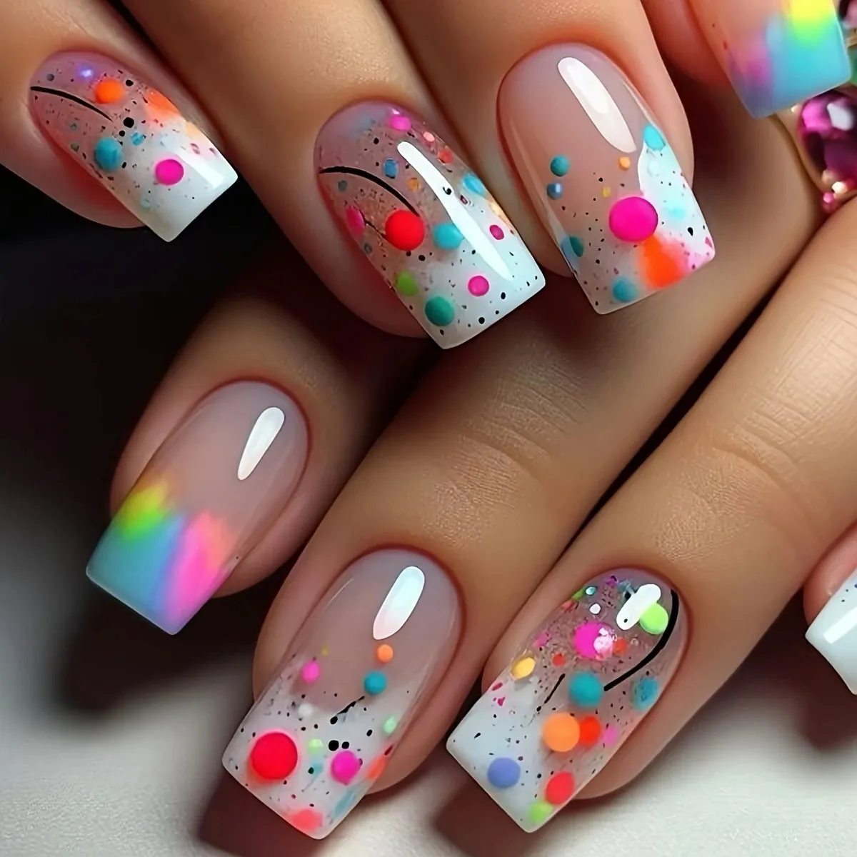 Faux Ongles À Presser Carrés Dégradé Arc-En-Ciel Macaron Pois Colorés Plastique ABS Artistique