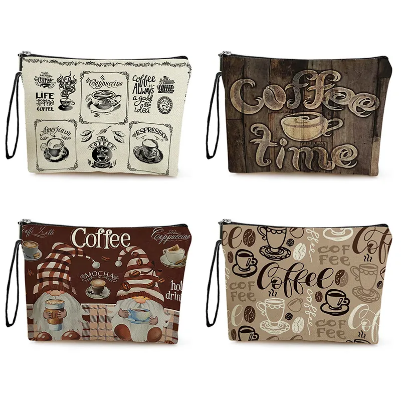 Coffee Theme Makeup Bag Zipper Pouch With Wristlet Strap Portable Polyester Linen Cosmetic Bag Travel Organizer