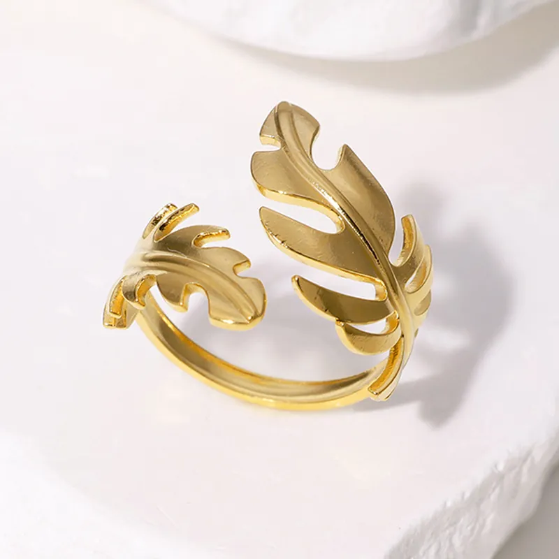 Monstera Leaf Open Ring Stainless Steel Adjustable Tropical Palm Leaf Jewelry For Women Minimalist Style