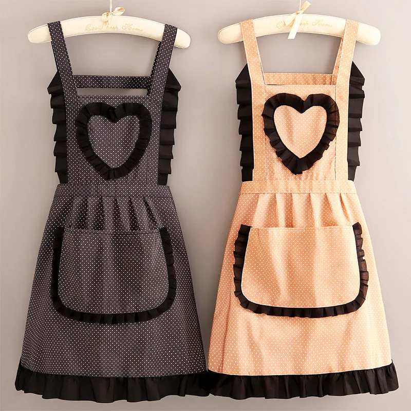 Women Canvas Cotton Kitchen Apron Polka Dot Ruffles Heart Shape Pockets Cooking Cleaning Workwear Sweet Style