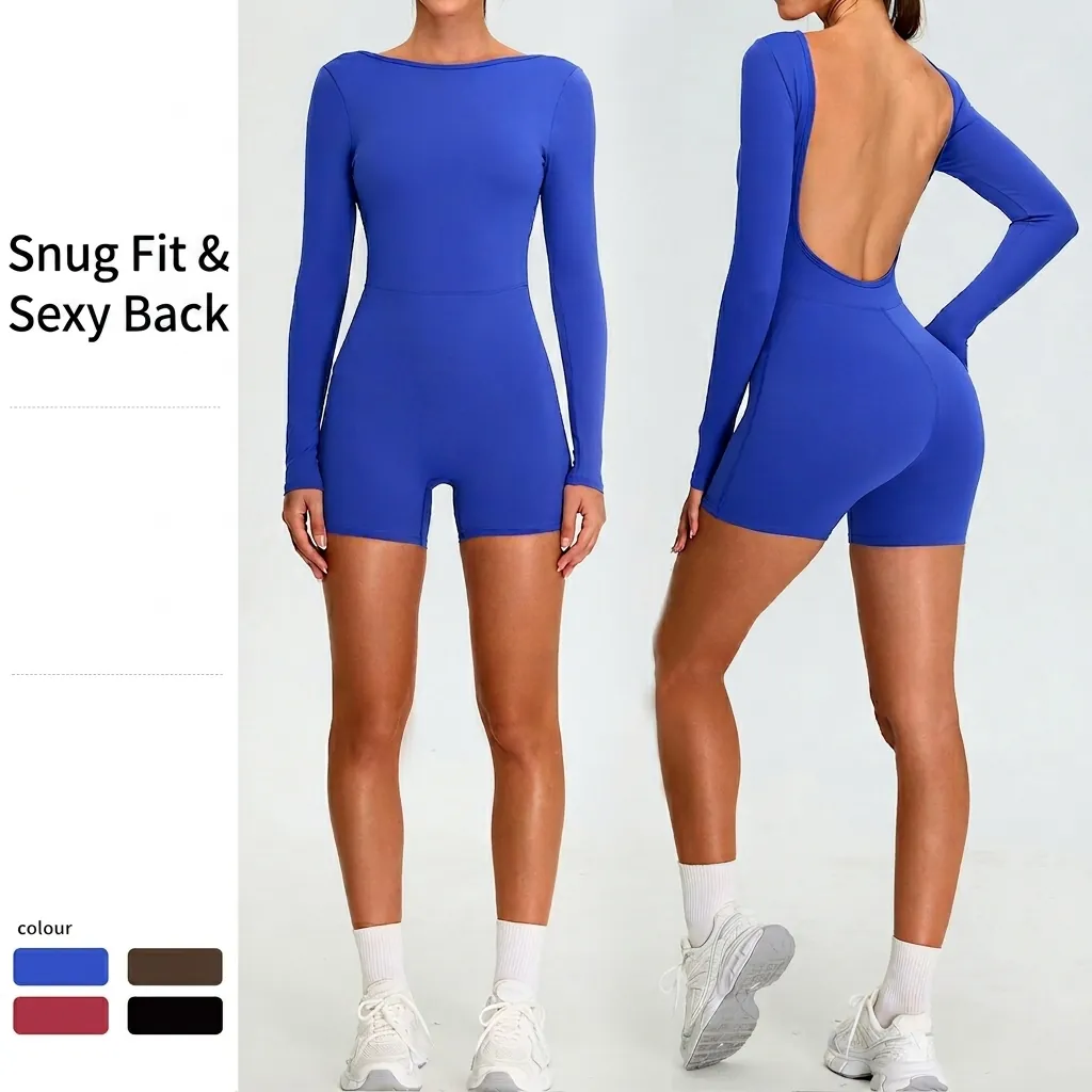 Women Long Sleeve Yoga Jumpsuit Backless U-Back Slim Fit Bodysuit Romper For Fitness Gym Workout
