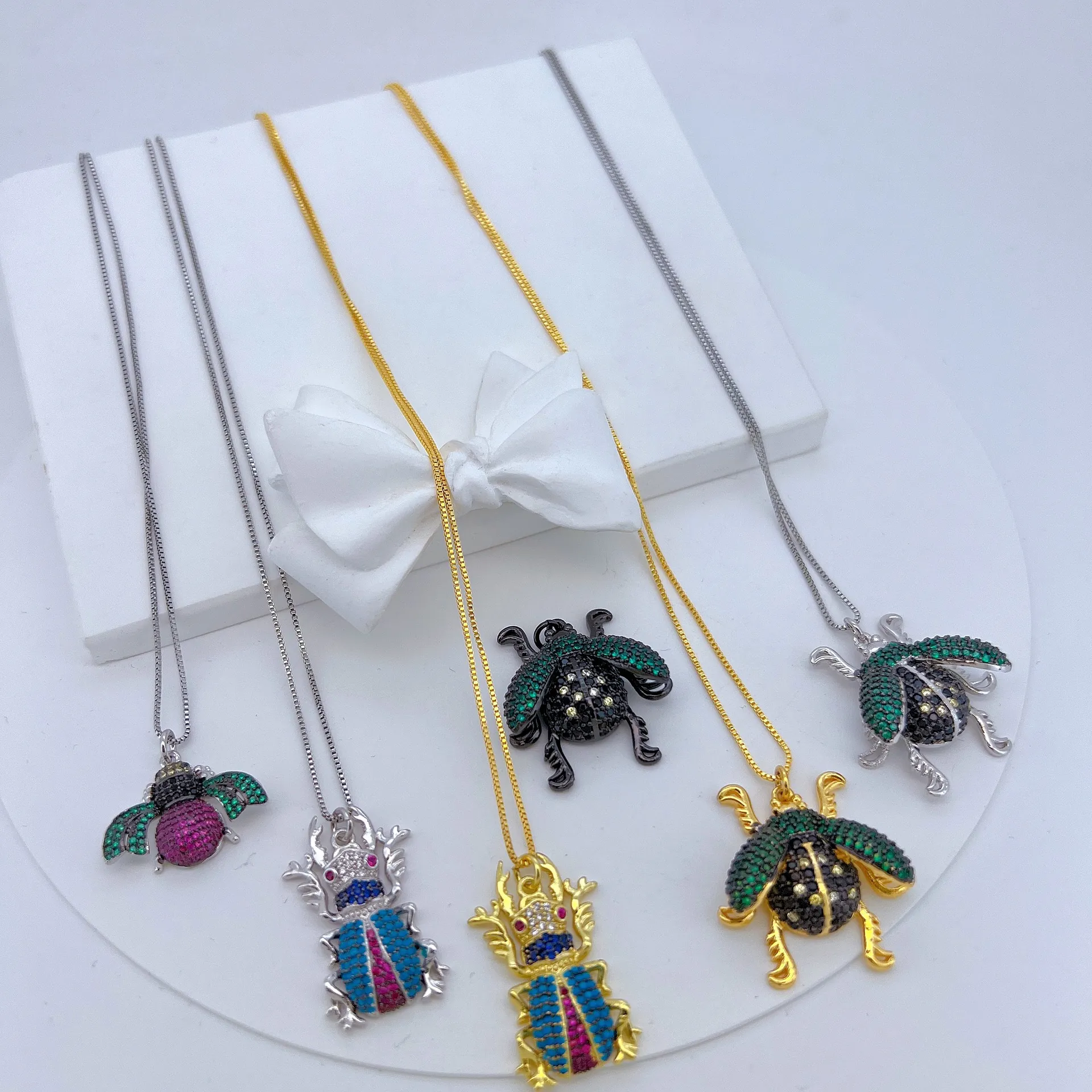Insect Beetle Bee Pendant Necklace And Earrings Copper Colorful Zircon Inlaid Trendy Jewelry For Women