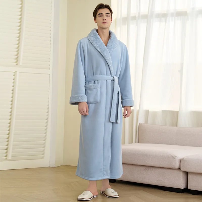 Men Long Bathrobe Plush Thickened Winter Sleepwear Shawl Collar Loungewear With Pockets Tie Belt
