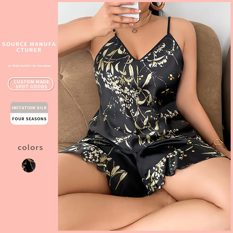 Women Pajamas Loungewear Satin Imitation Satin Cherry Floral Print V Neck Cami And Ruffle Shorts Sleepwear Plus Size