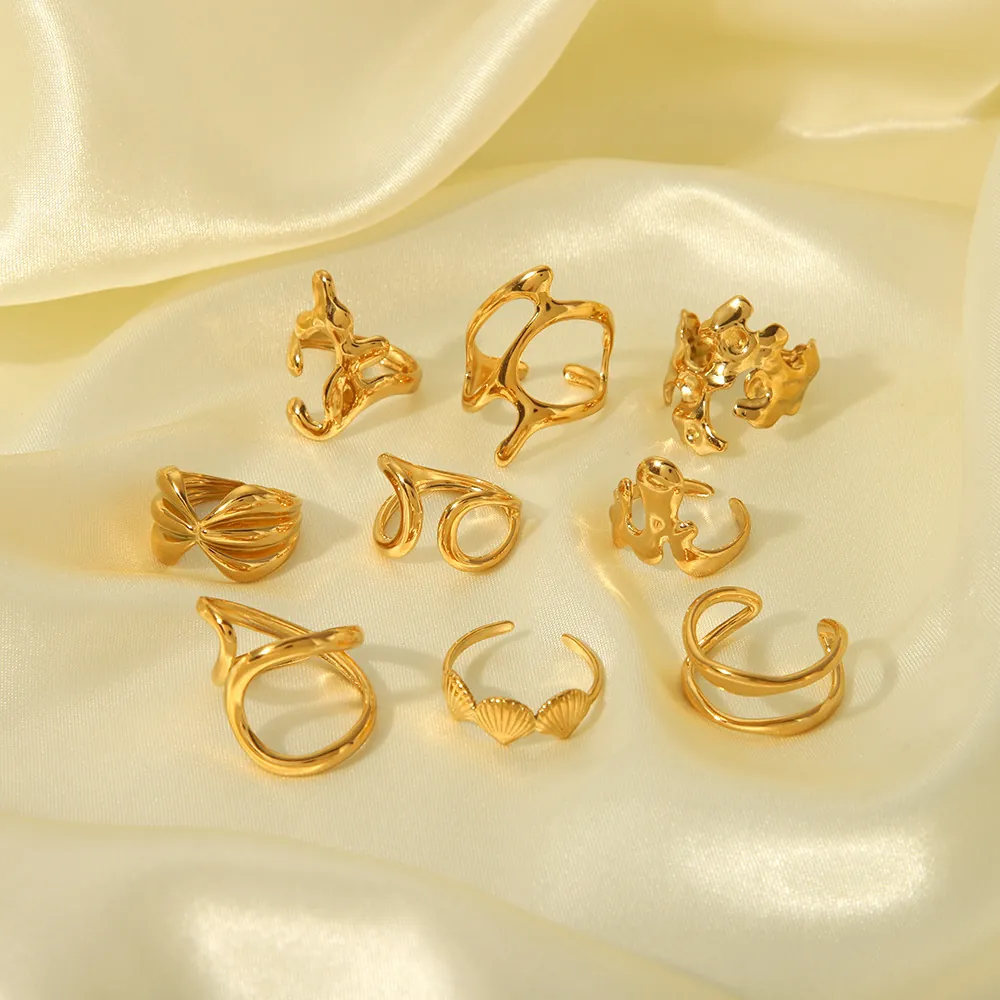 Unregelmäßiger Flüssigmetallring 18K Vergoldeter Edelstahl Geschmolzene Lava Verstellbarer Offener Ring Minimalistischer Schmuck