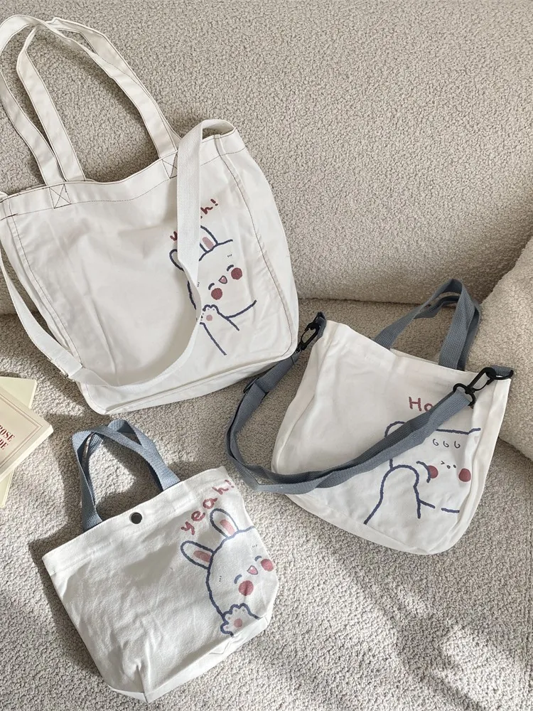 Bolso De Lona Kawaii Con Estampado De Conejo Y Oso Correa Ajustable Para Mujeres Estudiantes Estilo Fresco