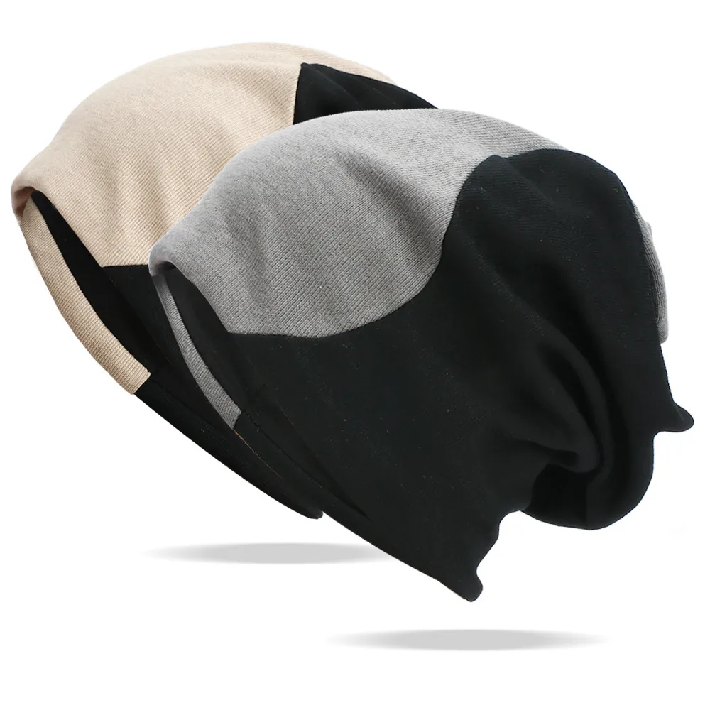 Bonnet Tricoté Slouchy Color Block Bicolore Hiver Chaud Doux Nervuré Unisexe Mode Outdoor Skull Cap