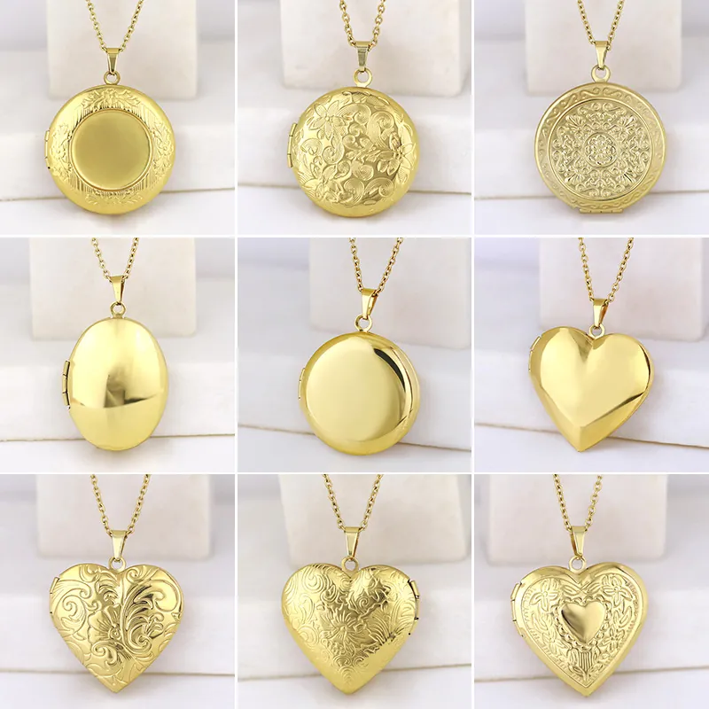 Stainless Steel Locket Necklace Openable Photo Frame Heart Round Oval Book Shaped Memorial Jewelry For Women Men