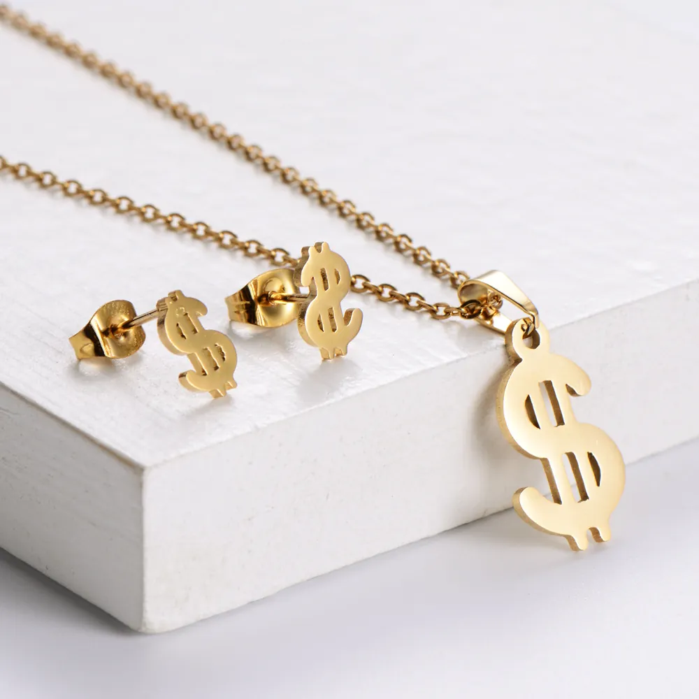Dollar Sign Pendant Necklace And Stud Earrings 18K Gold Plated 316 Stainless Steel Hip Hop Style Fashion Jewelry