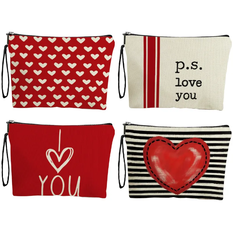 Heart Stripes Makeup Bag Linen Zipper Cosmetic Pouch Travel Toiletry Organizer Handheld Pouch For Women