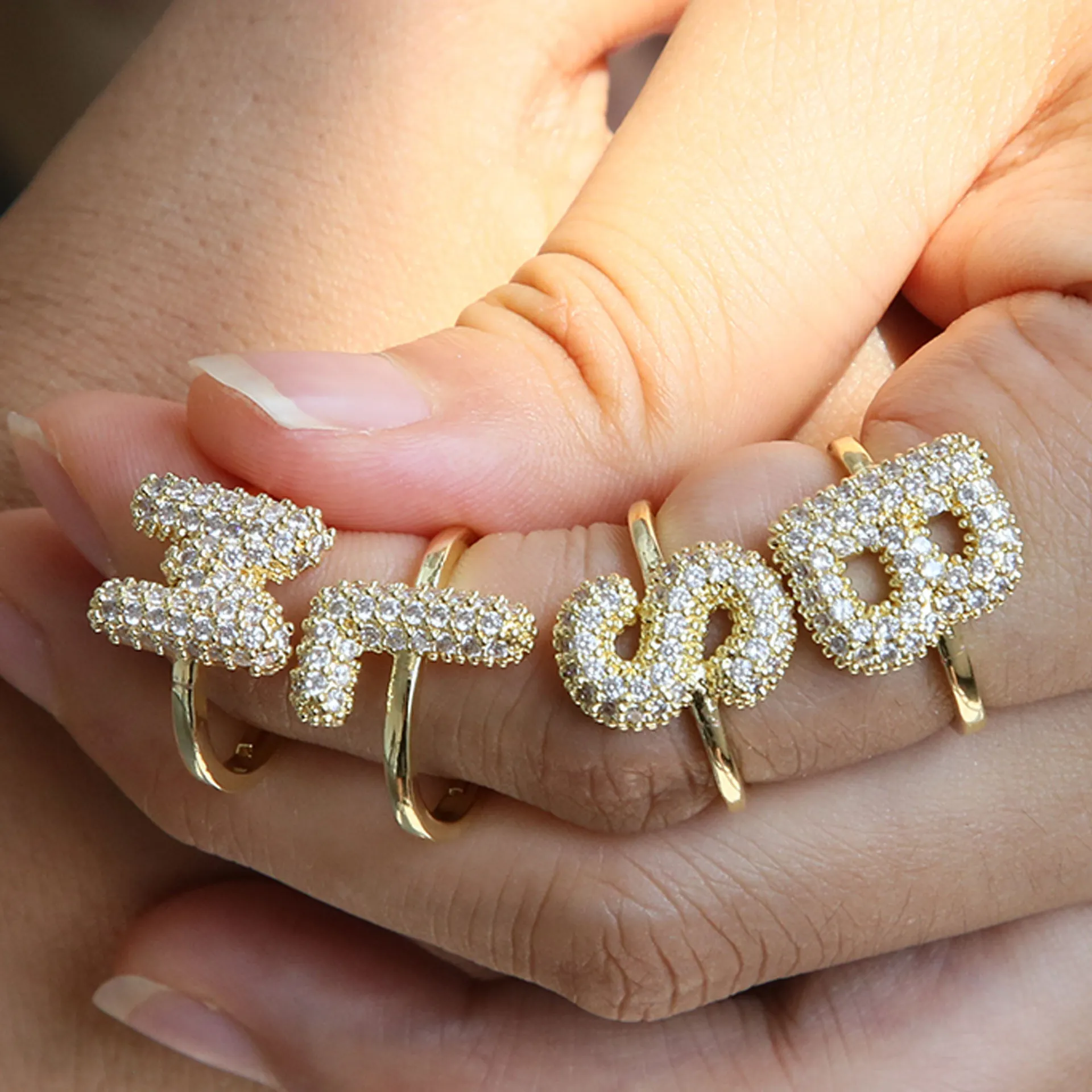 Initial Letter Ring Copper Pave Zirconia Open Adjustable Alphabet Style Fashion Jewelry For Women