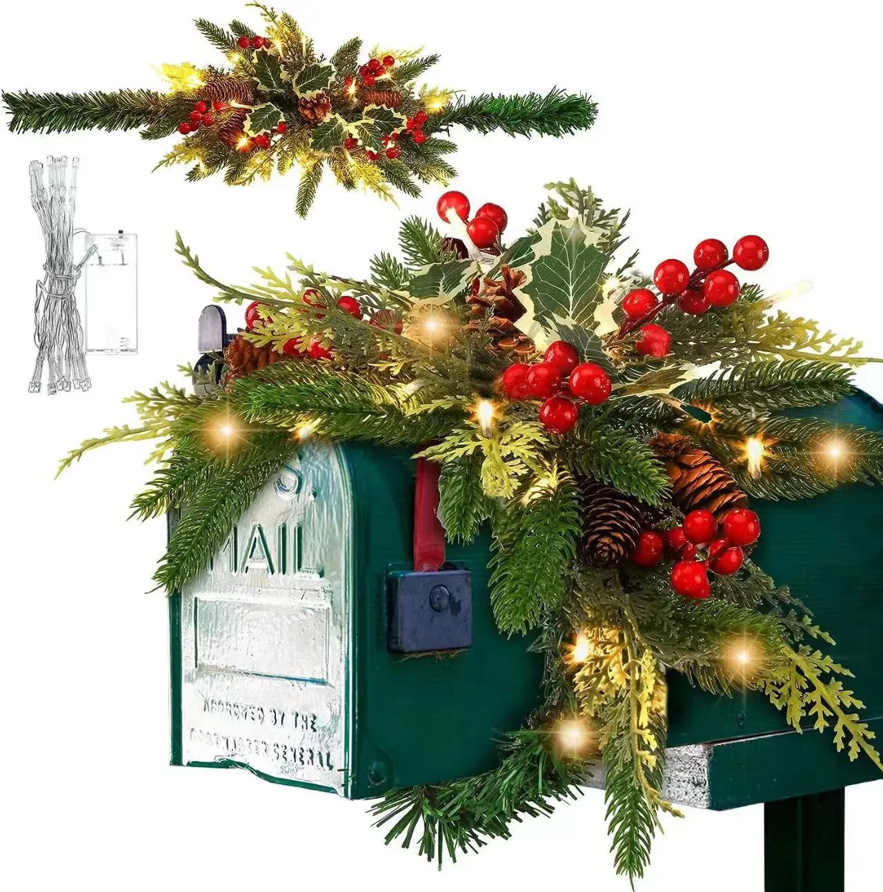Christmas Mailbox Swag Wreath With LED Lights Pine Cones Red Berries Artificial Greenery Holiday Home Decor