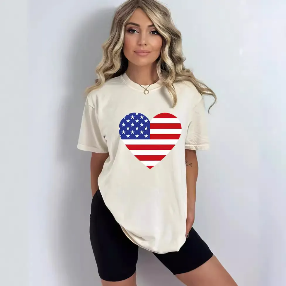 T-Shirt Coton Drapeau Américain Imprimé Independence Day Col Rond Manches Courtes Décontracté Respirant Top Unisexe