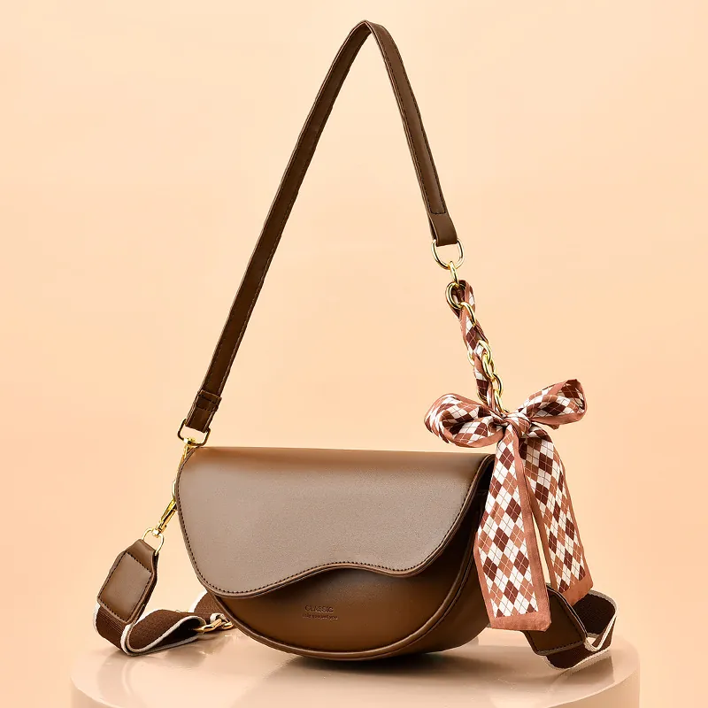 Women PU Leather Saddle Crossbody Bag With Decorative Satin Scarf And Wide Fabric Strap Stylish Flap Bag