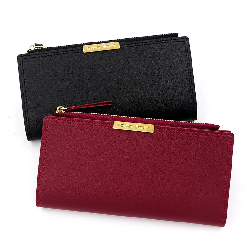 Portefeuille Long Femme Minimaliste Cuir PU Grande Capacité Multi Emplacements Cartes Poche Monnaie Zippée Pochette