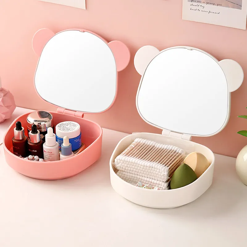 Cute Bear Desktop Makeup Mirror Storage Box Portable Foldable Cosmetic Organizer Vanity Mirror For Students Dorm