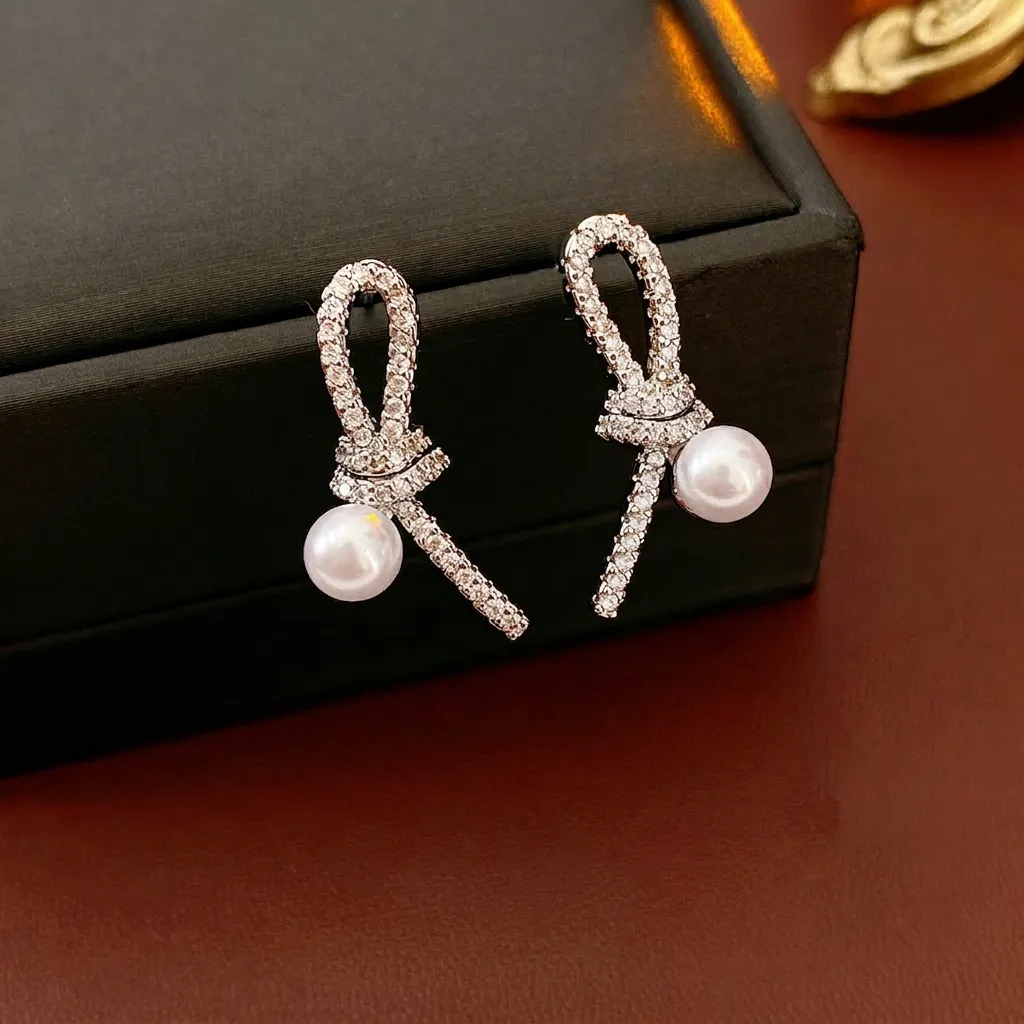 Boucles D'oreilles Künstliche Perle Nœud Tige En Argent Zircon Pavé Cuivre Bijoux Élégants Pour Femmes