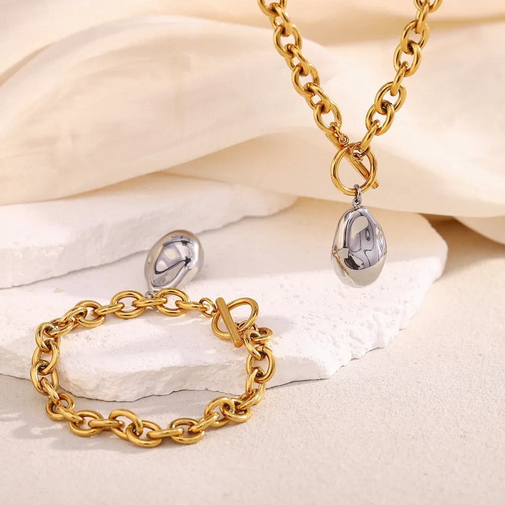 Collana E Bracciale In Acciaio Inossidabile Bicolore Oro Argento Ciondolo Arachidi Fibbia OT Catena Spessa Moda Donna