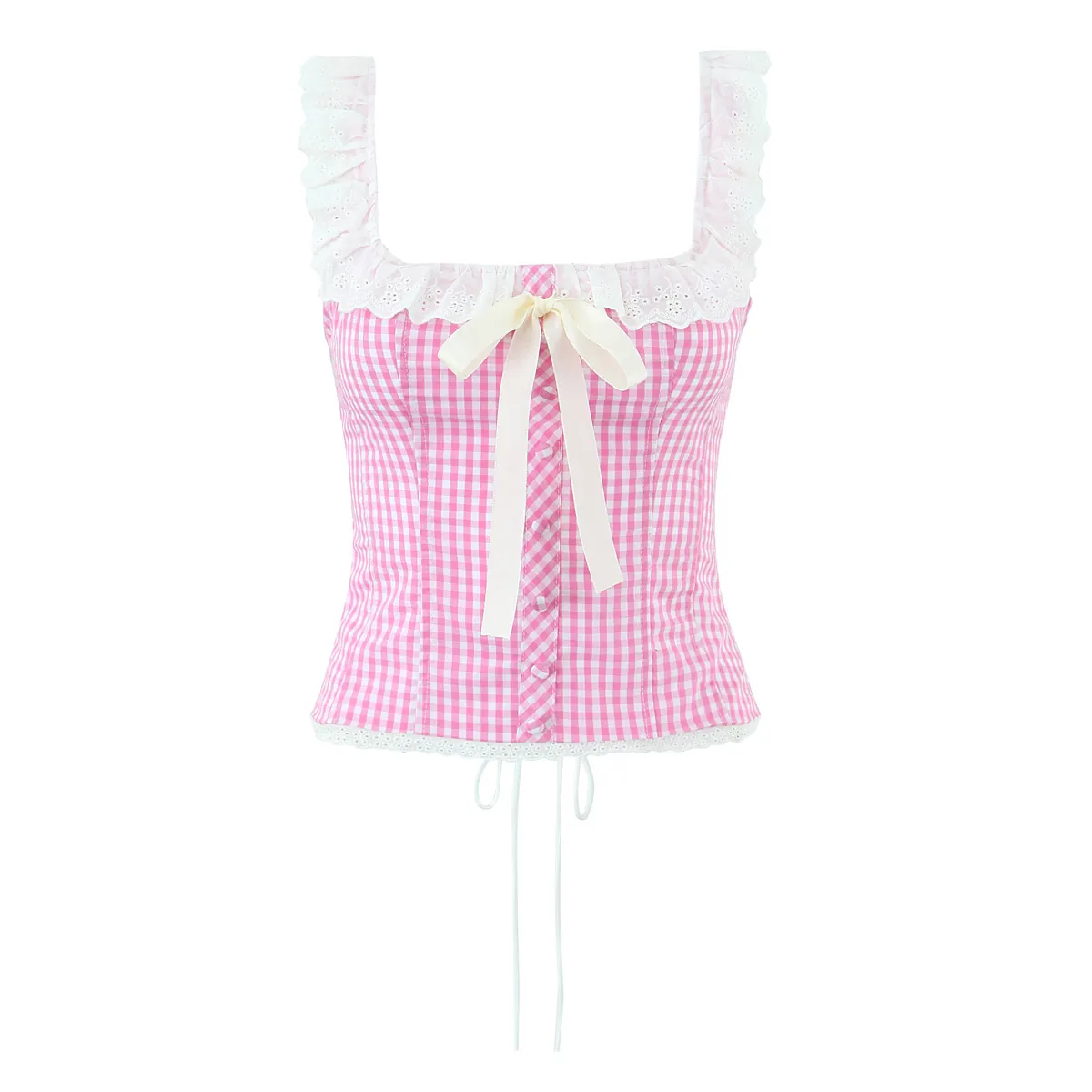 French Sweet Plaid Corset Top Lace Trim Bow Spaghetti Strap Slim Fit Gingham Camisole Retro Fashion For Women
