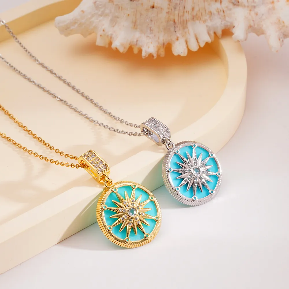 Eight-pointed Star Pendant Necklace 18K Gold Plated Copper Zirconia Enamel Round Medal Jewelry For Women Fashion Accessory