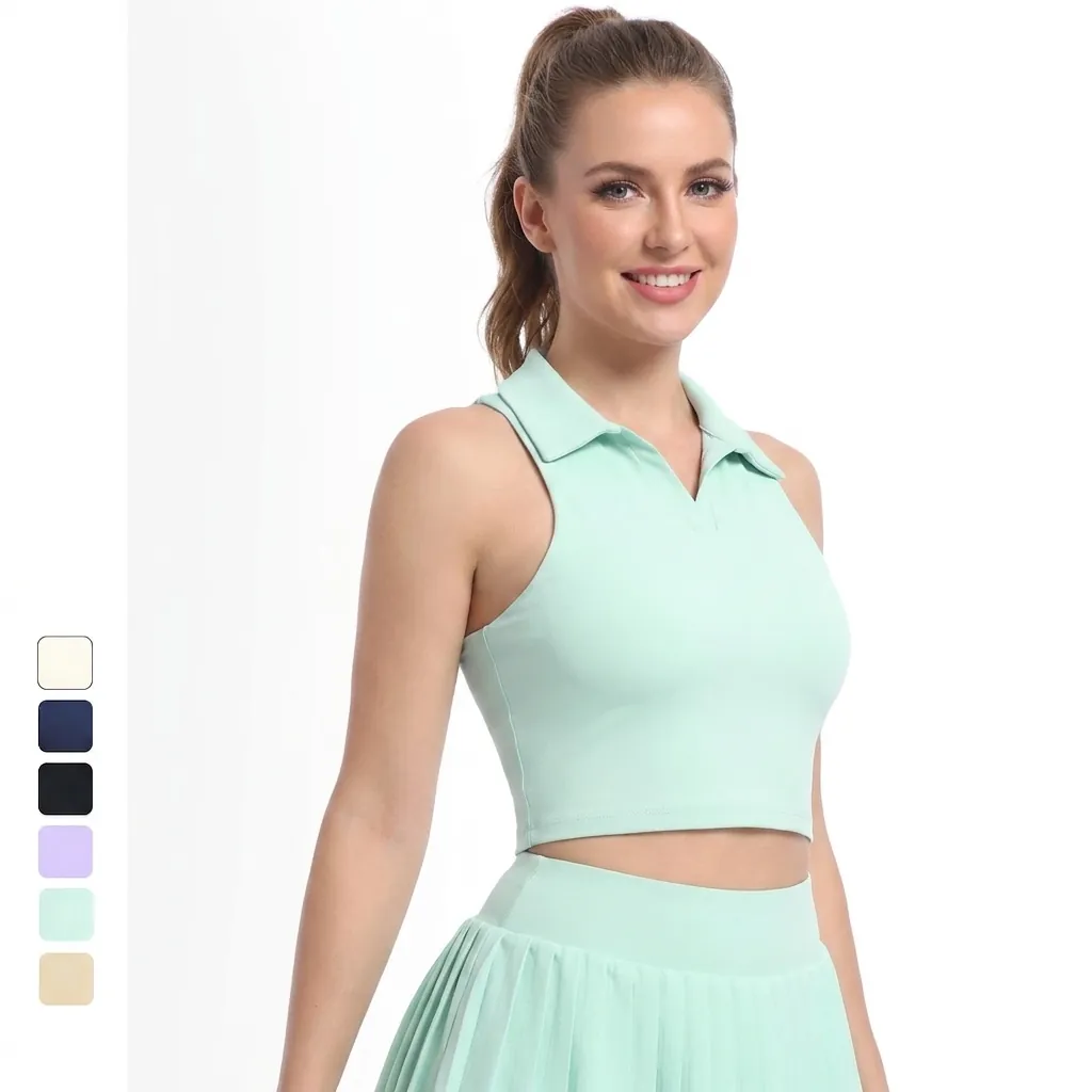 Women's Sleeveless Polo Sports Vest Crop Top Slim Fit Breathable Yoga Tennis Fitness Athletic Wear Nylon Workout Shirt