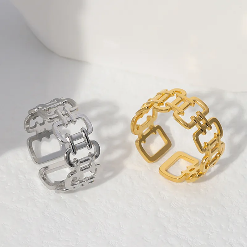 Minimalistischer Edelstahl Geometrischer Hohler Offener Ring Für Damen Wasserdicht Gold Silber Plattiert Verstellbarer Fingerring Schmuck