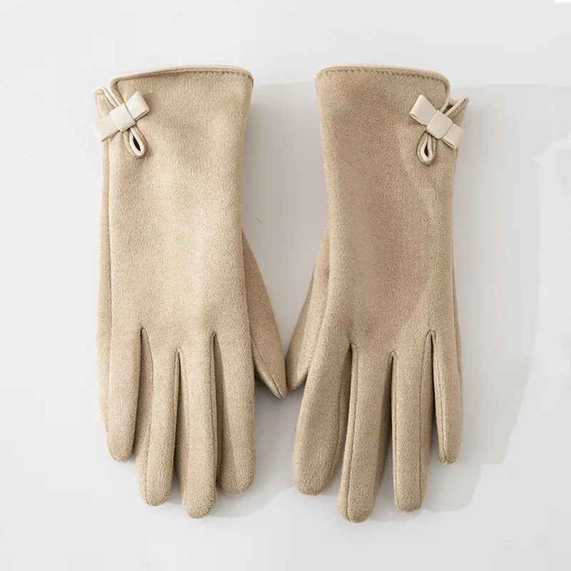 Women Winter Suede Gloves Fleece Lined Touchscreen Open Finger Bowknot Warm Windproof Outdoor Driving Mittens