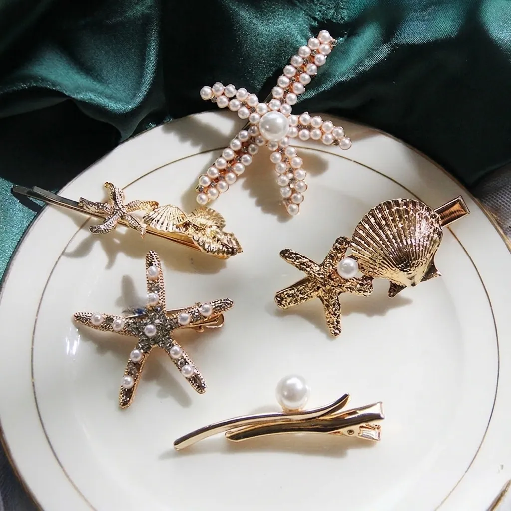 Ocean Theme Starfish And Shell Hair Clips Gold Alloy With Artificial Pearl And Rhinestone Hairpins Elegant For Women Party Wedding