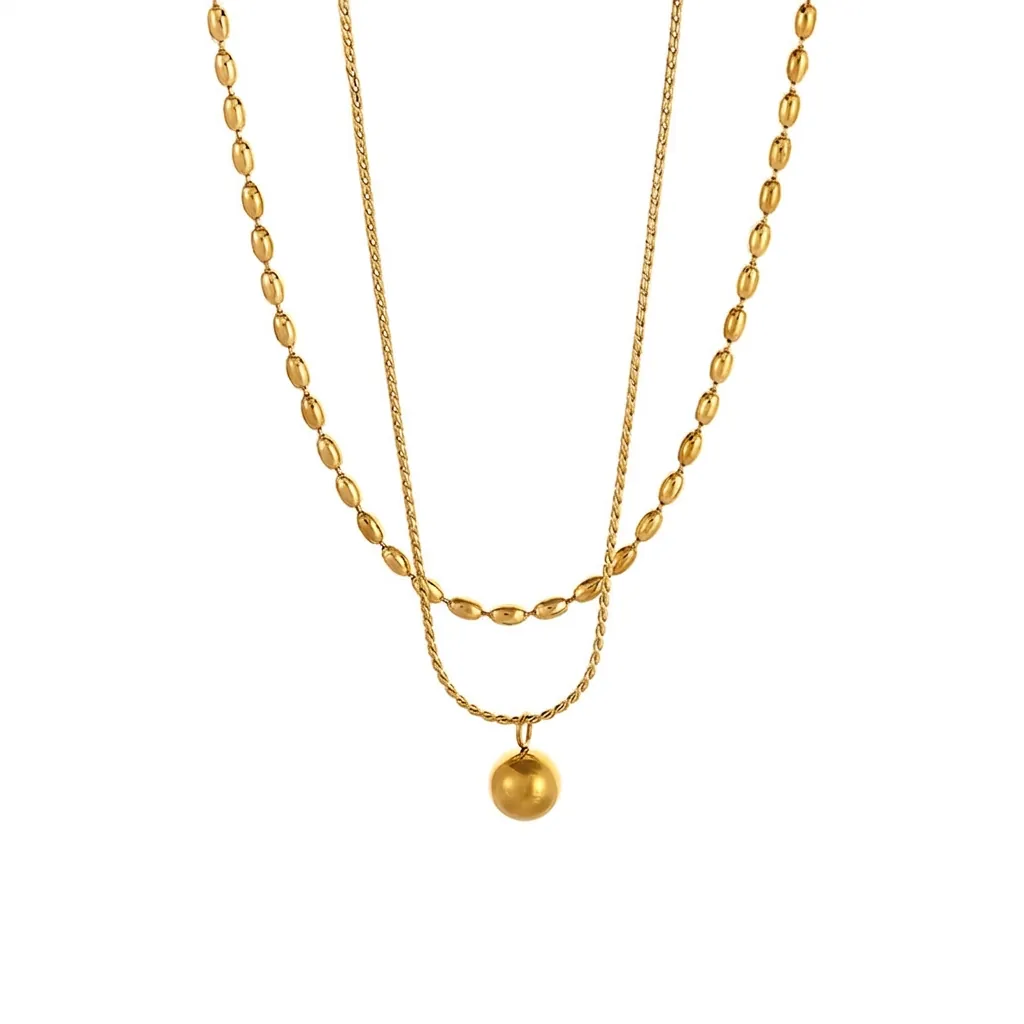 Collier Double Rang Acier Titane Plaqué Or Pendentif Boule Perle Ronde Minimaliste Chaîne De Clavicule Pour Femmes