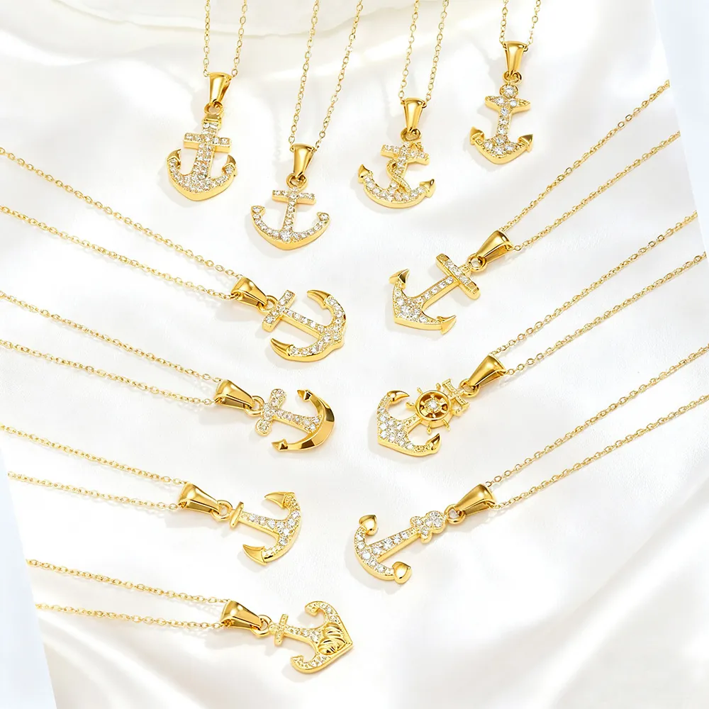 Collana con Ciondolo a Ancora in Acciaio Inossidabile Placcato Oro 18K per Donna Personalizzata Zirconia Gioielli Nautici