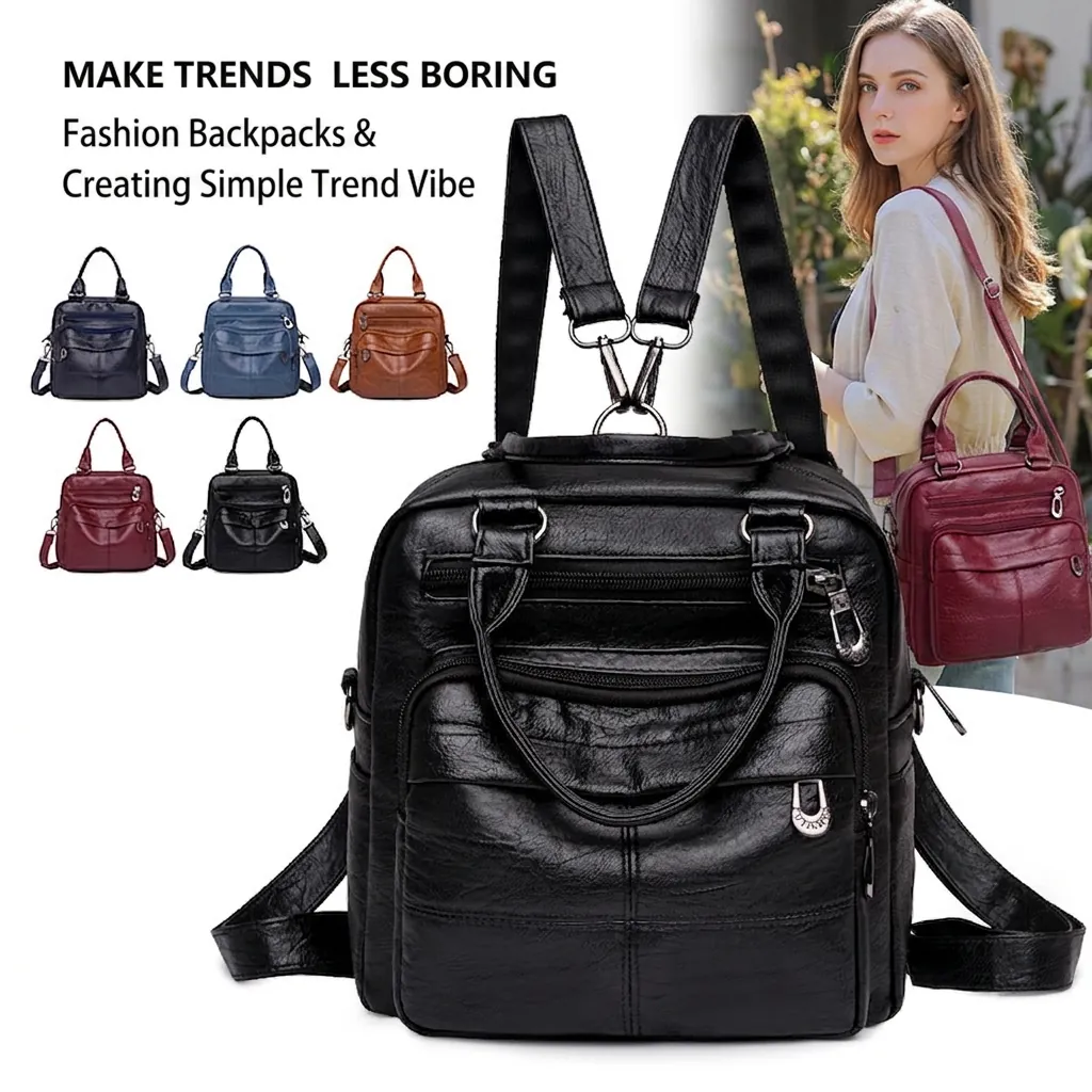 Women Soft Leather Backpack Multi-Pocket Large Capacity Convertible Shoulder Bag Handbag Casual Travel Waterproof