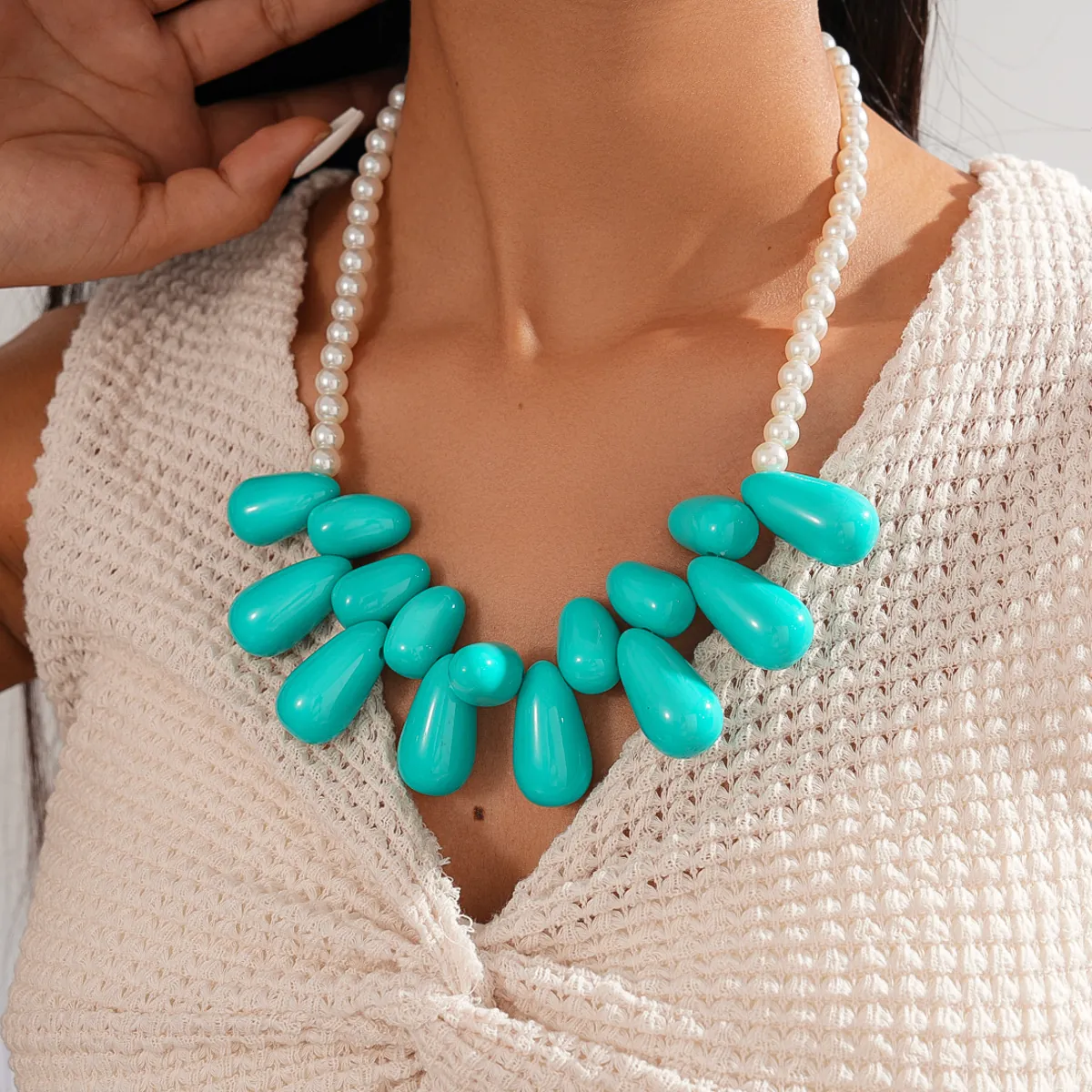 Exaggerated Teardrop Pendant Necklace For Women Acrylic Glass Simulated Artificial Pearl Chunky Statement Vacation Bohemia Long Chain