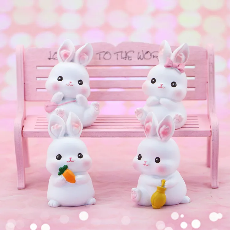 Cute Miniature Rabbit Resin Figurines Bunny Statues For Car Interior Decor Desktop Ornament Cake Topper Gift