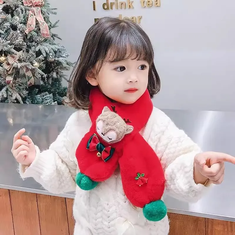 Kids Christmas Plush Scarf Thickened Warm Reindeer Fox Cartoon Neck Warmer For Boys Girls Toddlers Winter Holiday Gift